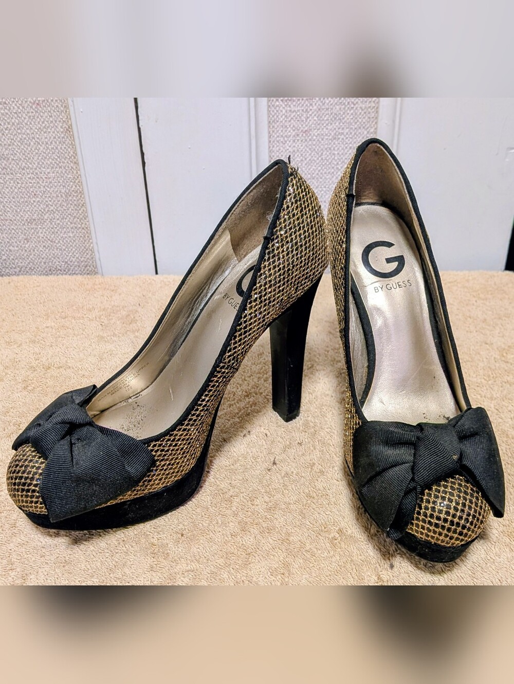 G by GUESS Gold and Black Mesh Bow High Heels